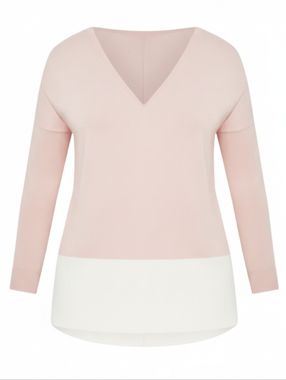 AVENUE  V-Neck Long Striped  Sleeve Two Toned Sweater In Soft Blush And White